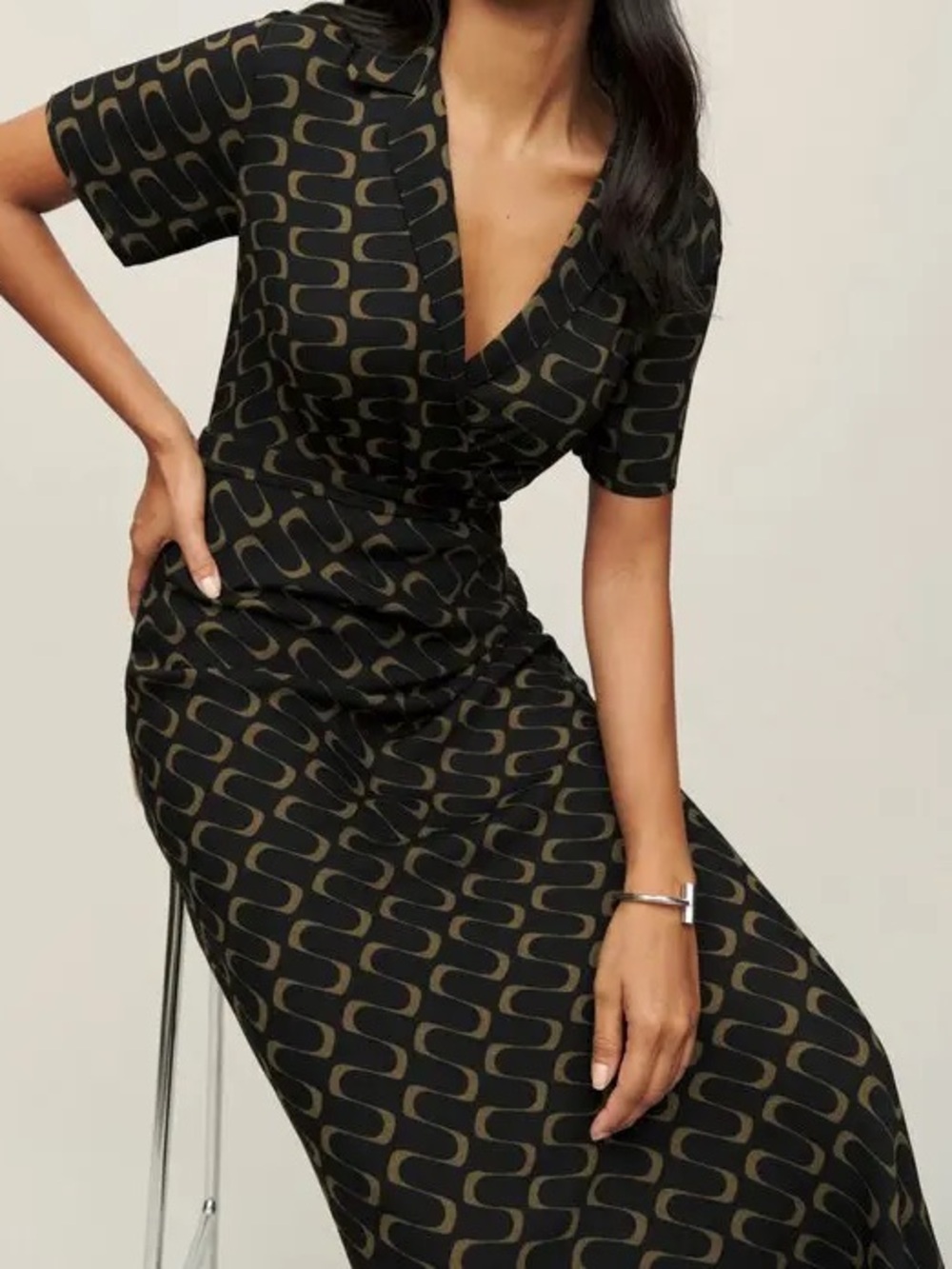 Reformation Black Midi Wrap Dress with Brown Wave Print - Picture 2 of 5